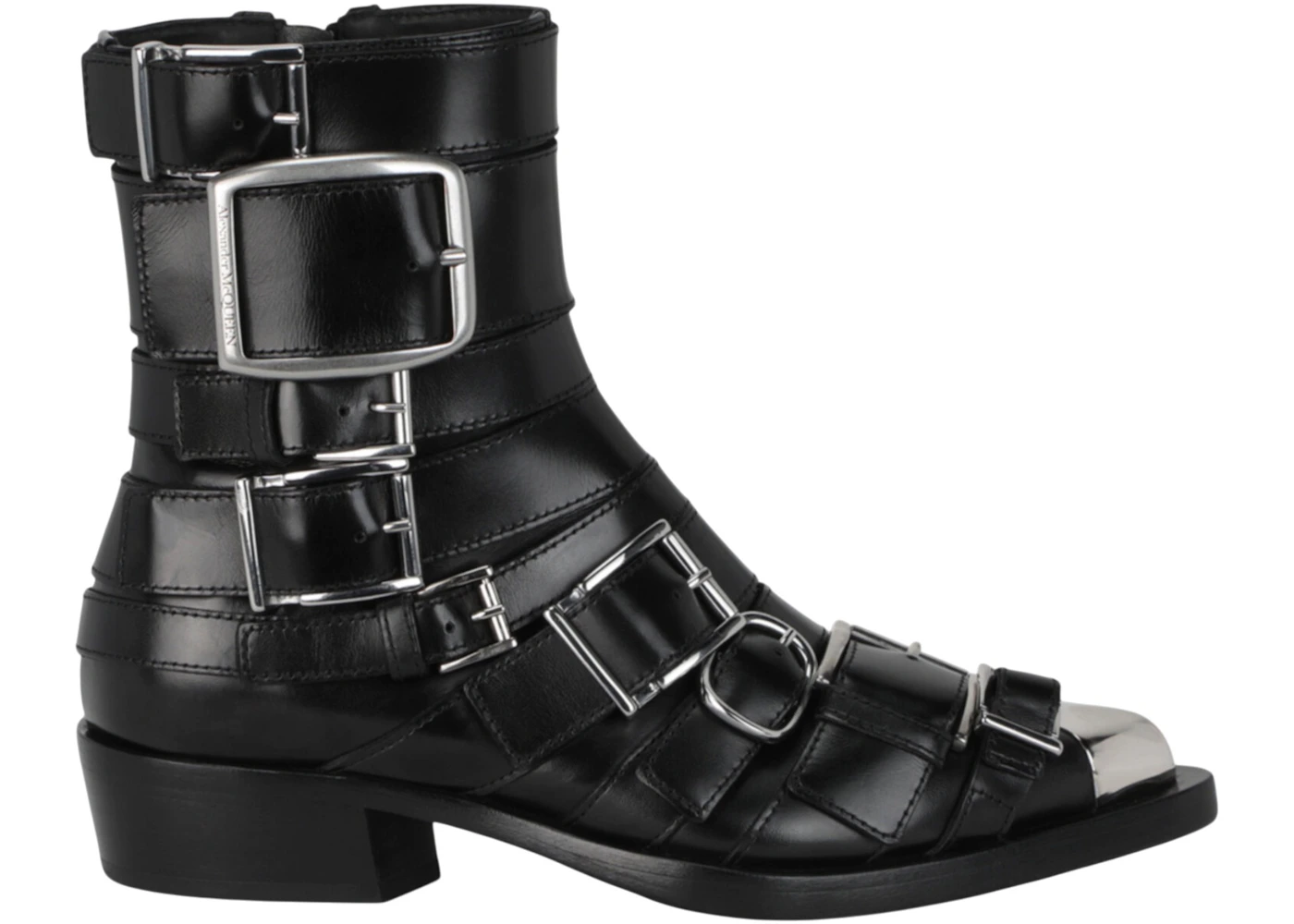 Alexander McQueen Strappy Punk Ankle Boots Black Silver 