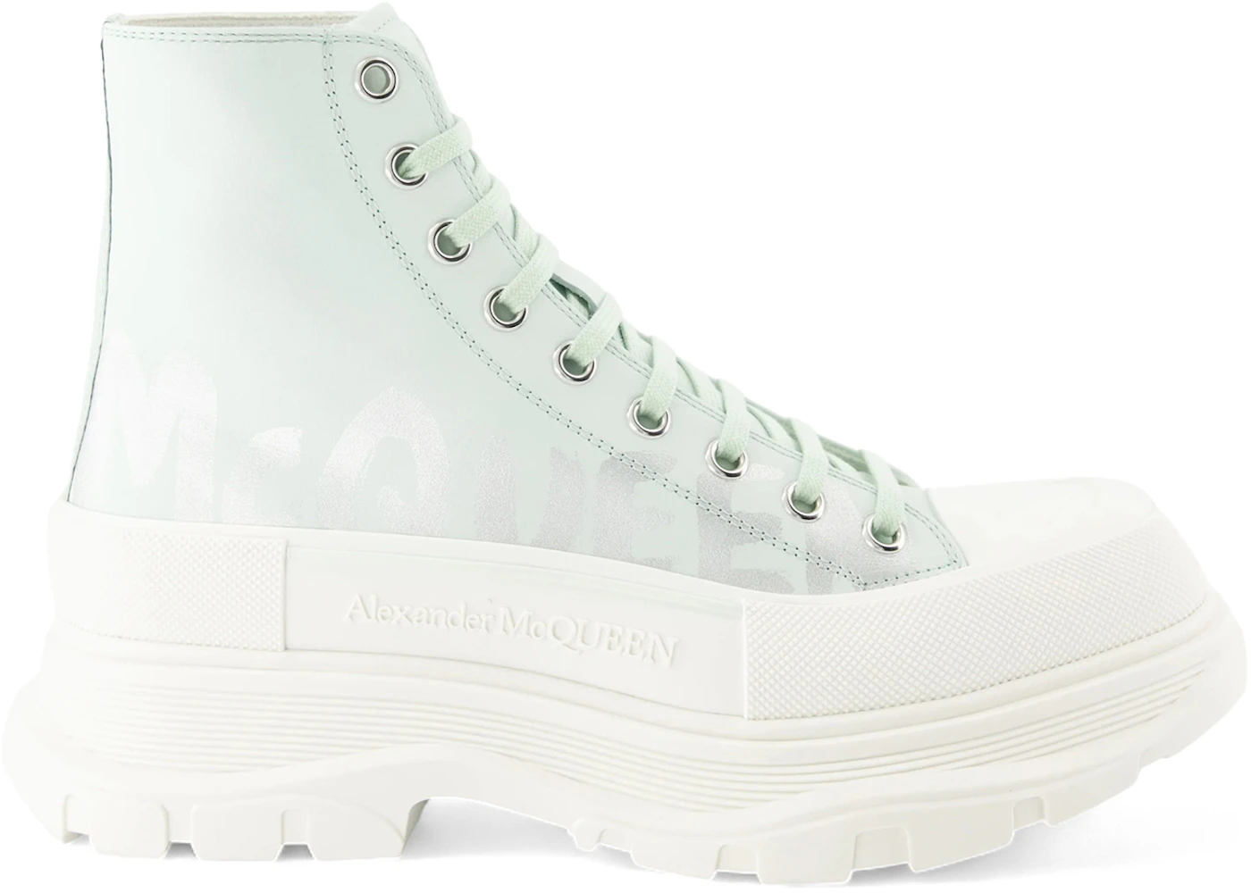 Alexander McQueen Tread Slick Boot McQueen Graffiti Logo Pastel Green