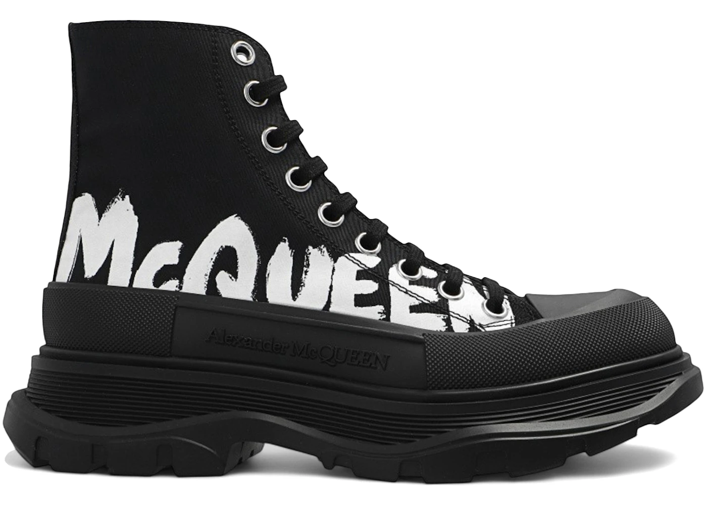 Alexander McQueen Tread Slick High Top Sneakers McQueen Graffiti Logo Black White 