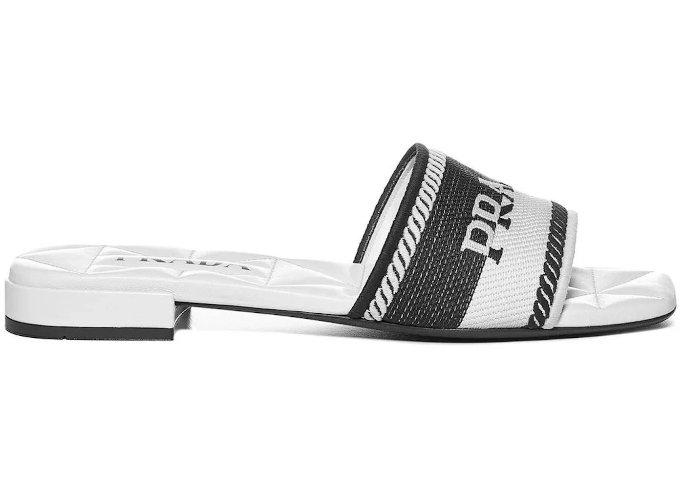 Prada Logo Embroidered Sandals White Black Cotton