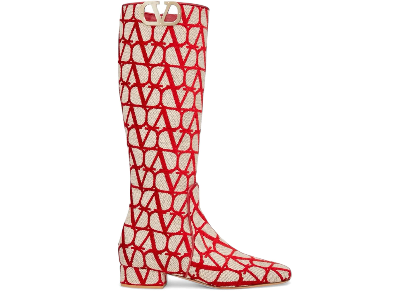Valentino Toile Iconographe Calfskin V'logo High Knee High Boots Beige Red 