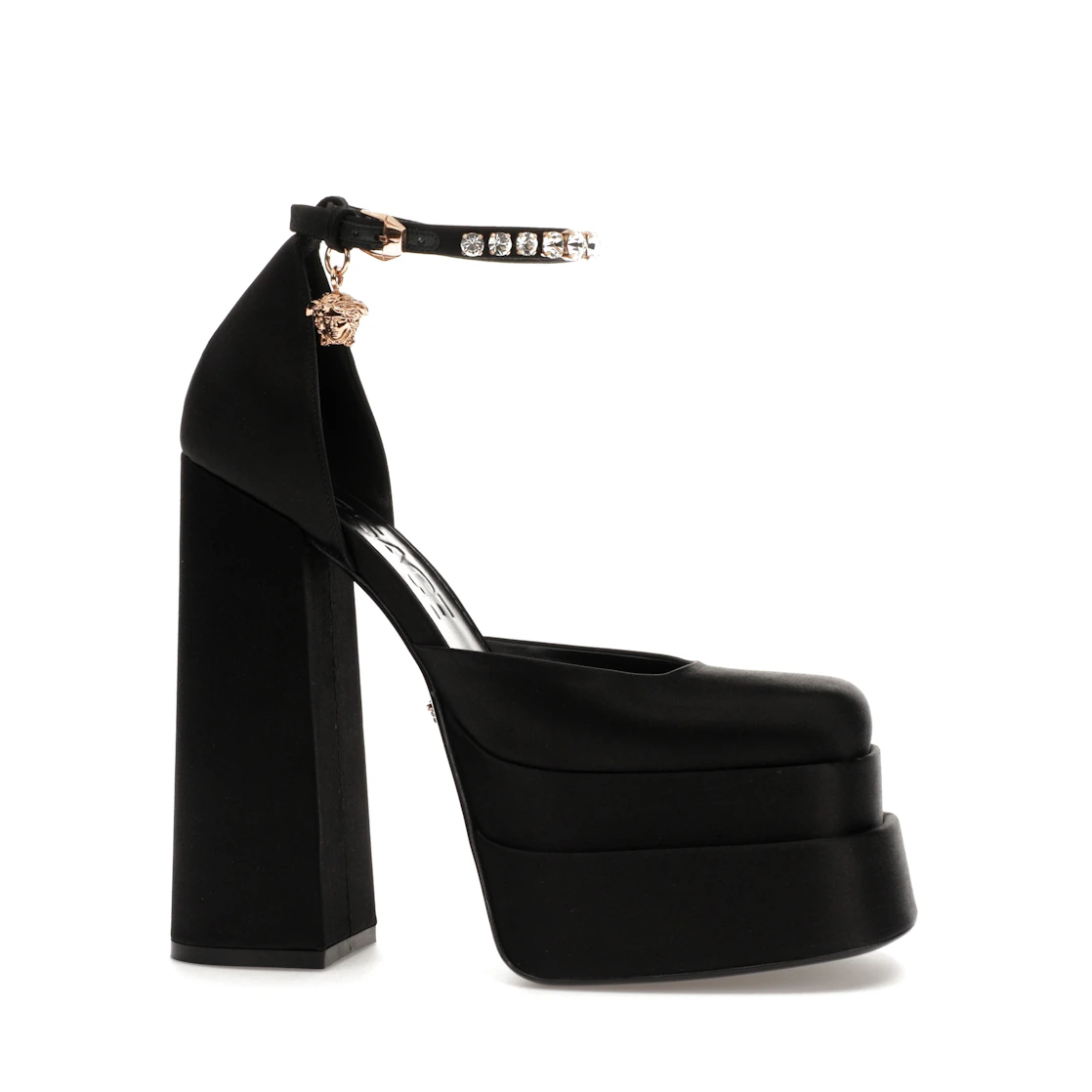 Vue 2 de Versace Medusa Aevitas 155mm Platform Pumps Black Satin