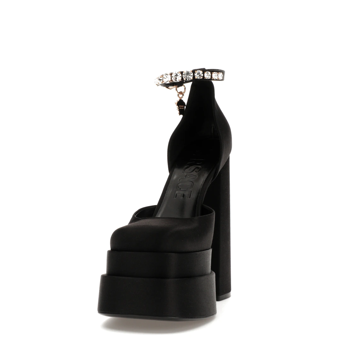 Vue 12 de Versace Medusa Aevitas 155mm Platform Pumps Black Satin