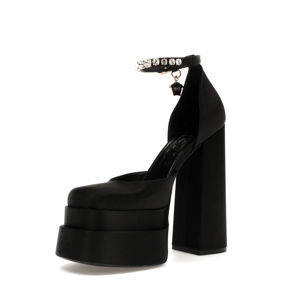 Vue 15 de Versace Medusa Aevitas 155mm Platform Pumps Black Satin