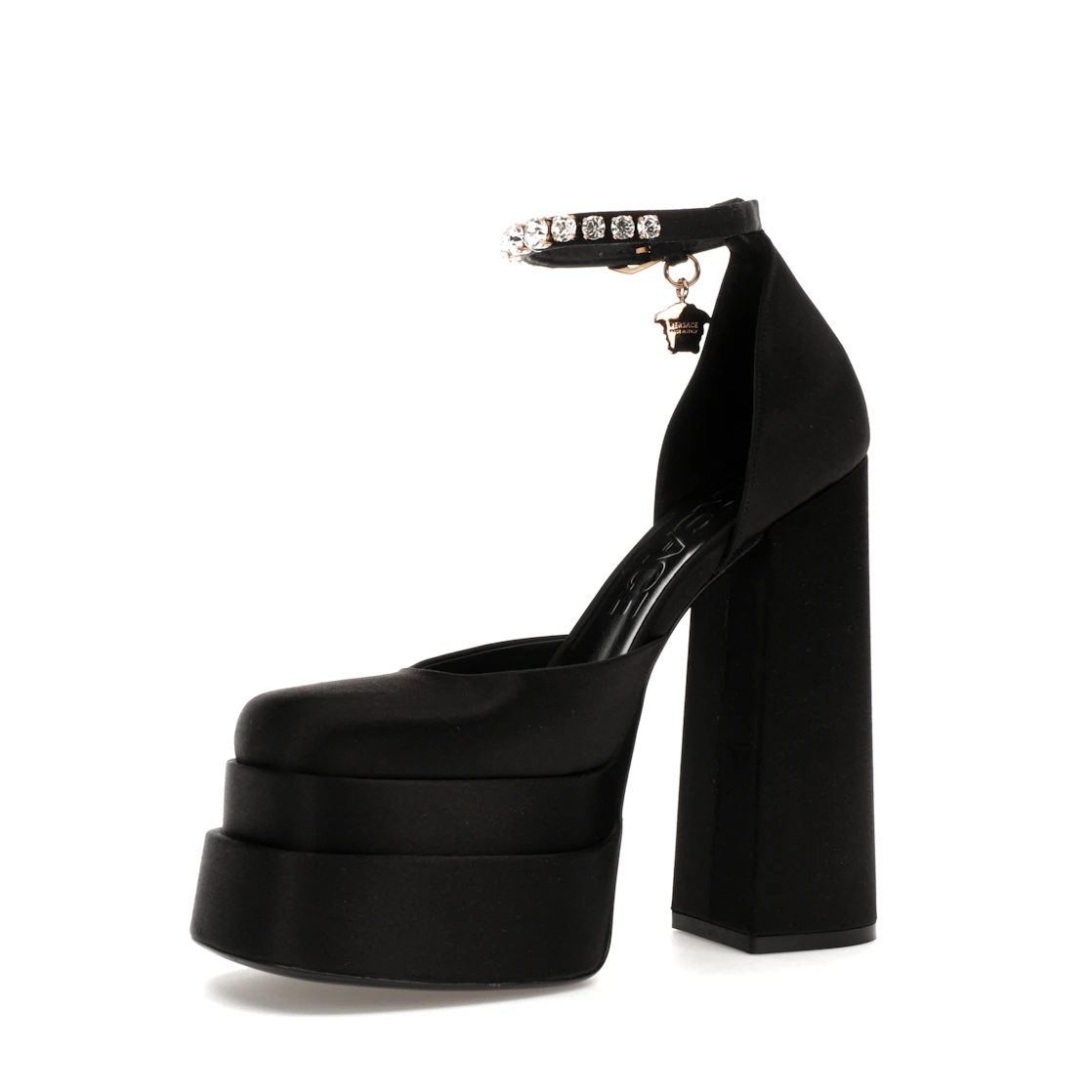 Vue 16 de Versace Medusa Aevitas 155mm Platform Pumps Black Satin