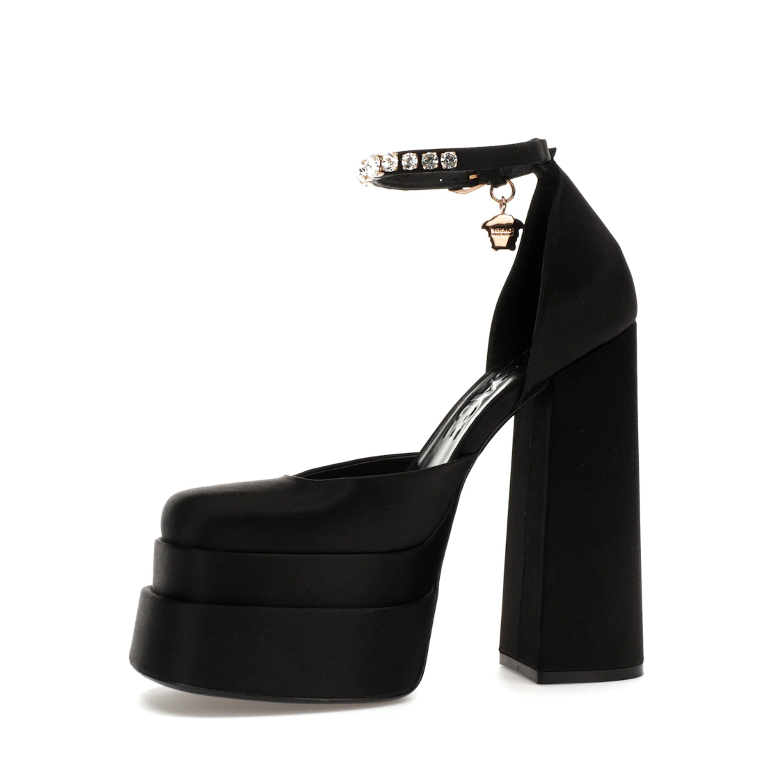 Vue 17 de Versace Medusa Aevitas 155mm Platform Pumps Black Satin