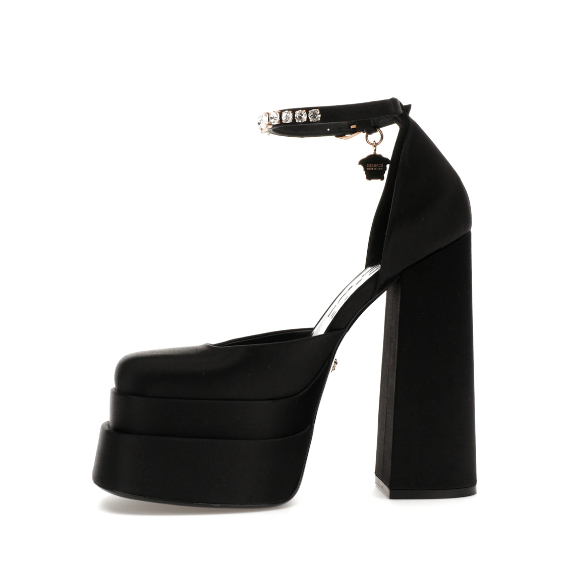 Vue 18 de Versace Medusa Aevitas 155mm Platform Pumps Black Satin