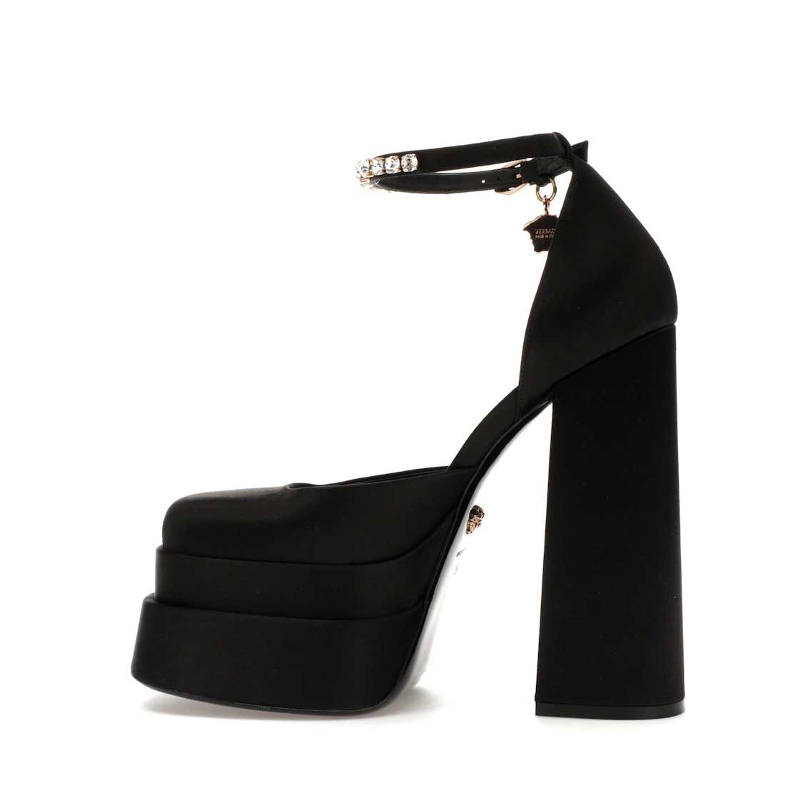 Vue 20 de Versace Medusa Aevitas 155mm Platform Pumps Black Satin