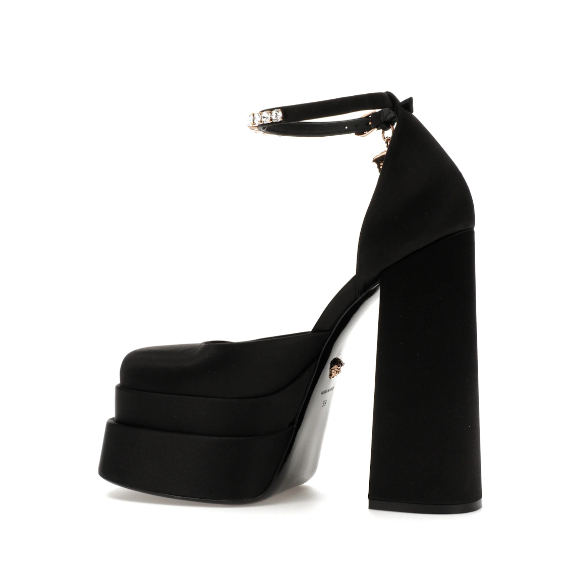 Vue 21 de Versace Medusa Aevitas 155mm Platform Pumps Black Satin