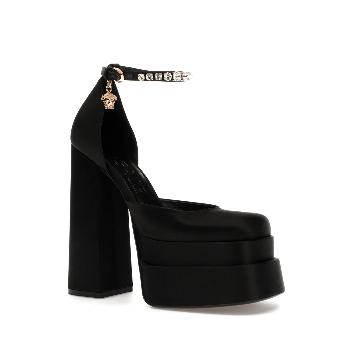 Vue 4 de Versace Medusa Aevitas 155mm Platform Pumps Black Satin